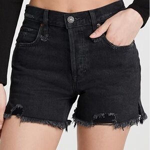 Free People sz 24 black BOHO distressed frayed button fly 4” inseam jean shorts